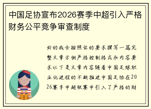 中国足协宣布2026赛季中超引入严格财务公平竞争审查制度