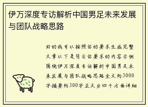 伊万深度专访解析中国男足未来发展与团队战略思路
